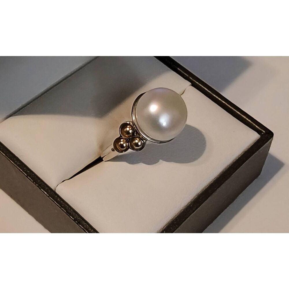 Elegant Large Genuine Pearl & 14K Triple Accents Cocktail Ring Sz 8
